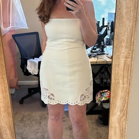 Lulus Ineth White Denim Strapless Embroidered Mini Dress - Size L - Picture 2 of 3